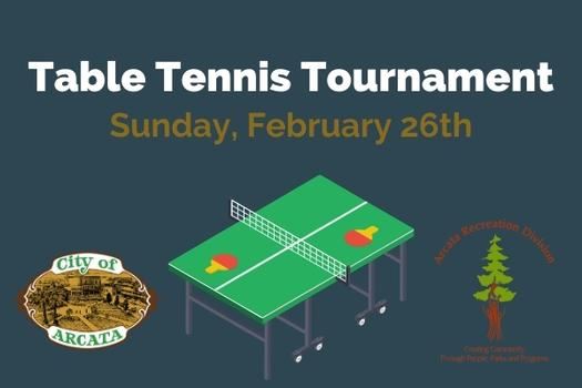 A table tennis table with red paddles laying on it and City of Arcata logos