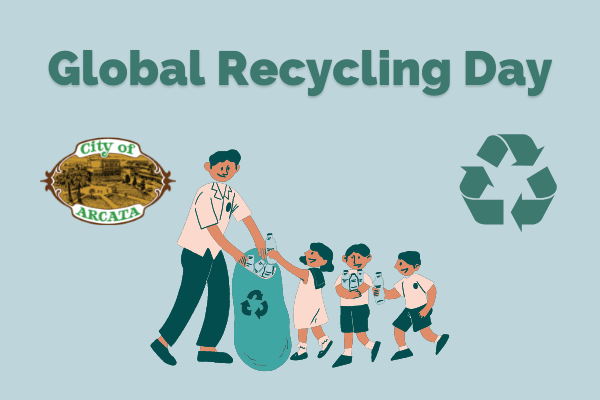 A parent holds out a bag for children to place recycling in