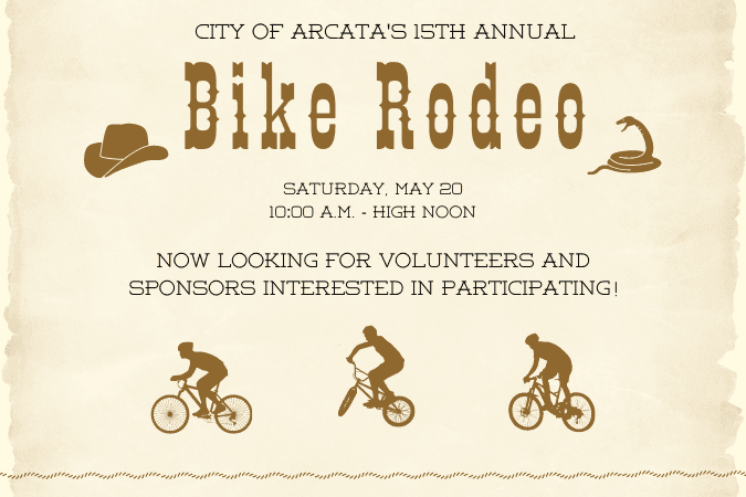Bike Rodeo Flyer in an old west style with three bicyclists beneath text