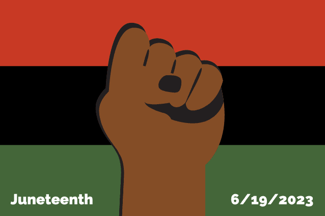 Red, black, and green background with a white fist and text stating 