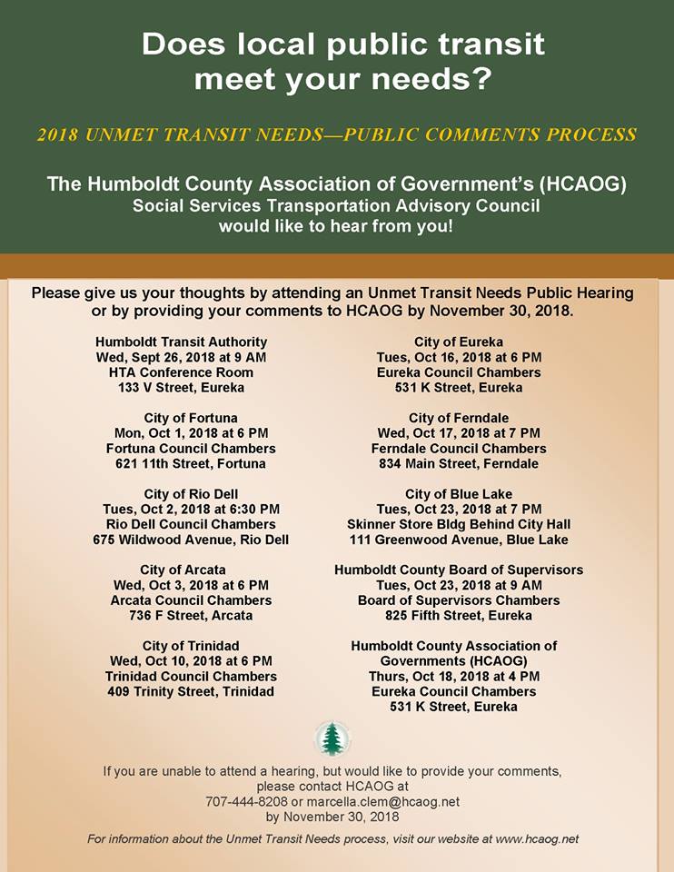 Unmet Transit Needs Public Comment Meeting Schedule 2018